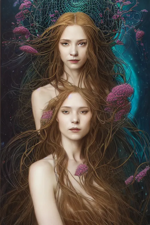 Prompt: portrait of a young female wizard in flowing sensual dress, arrogant, long fine flowing hair, delicate, looking at camera, slight nerdy awkward smile, realistic face, stylish, elegant, grimdark fantasy, flowers, extremely detailed painting inspired by Gerald Brom and Ernst Haeckel and Carvaggio , studio lighting