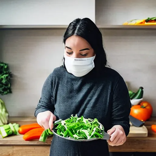 Prompt: a person cutting vegetables while wearing ghostface mask