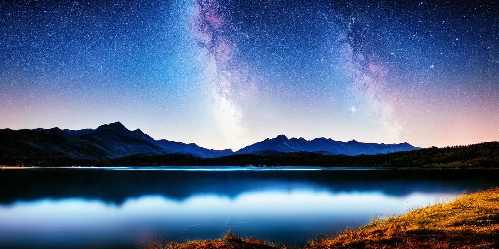 Image similar to photo of a lake at night with bright stars with mountains in the background, landscape, beautiful, elegant, award winning photograph, highly detailed, high resolution photo, cinematic lighting, trending on artstation, 8 k