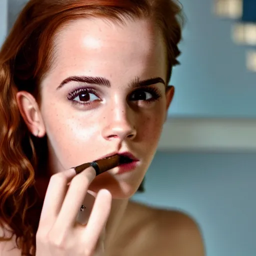 Prompt: redhead emma watson smoking cigar, wearing bikini, close up portrait photo, 8 k,