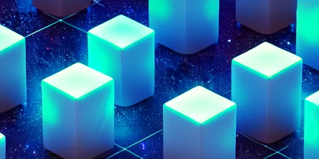 Image similar to a glowing cube surrounded by smaller cubes, atmospheric lighting, intricate, volumetric lighting, beautiful, sharp focus, ultra detailed, in the art style of bowater charlie, brom gerald, astrophotography, rendered in cinema 4 d, quantum wavetracing, rendered in maya