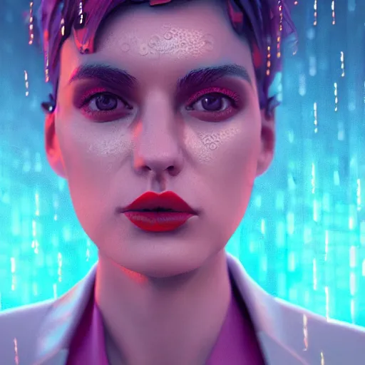 Image similar to cinematic, cartoon women portrait made out of rain, pinstripe suit, short hair, cyberpunk background, rendered in octane, unreal engine, highly detailed, trending on artstation, realistic, neon, beautiful