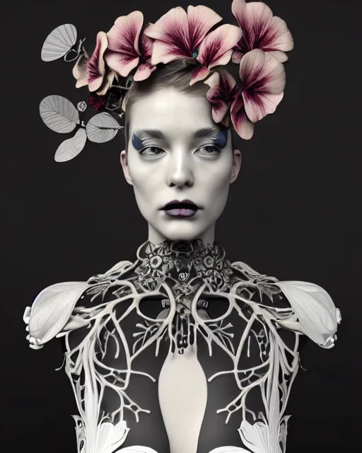 Prompt: monochrome 3 d model, floral steampunk biomechanical beautiful young female cyborg with porcelain profile face and a techno eye, volumetric light, leaves foliage and stems, hibiscus flowers, boho floral vines, sinuous fine roots, fine foliage lace, alexander mcqueen, rim light, gothic fashion pearl embroidered collar, octane render, bw, 8 k