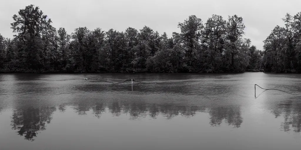 Image similar to centered photograph of a long rope snaking across the surface of the water, floating submerged rope stretching out towards the center of the lake, a dark lake on a cloudy day, mood, trees in the background, anamorphic lens