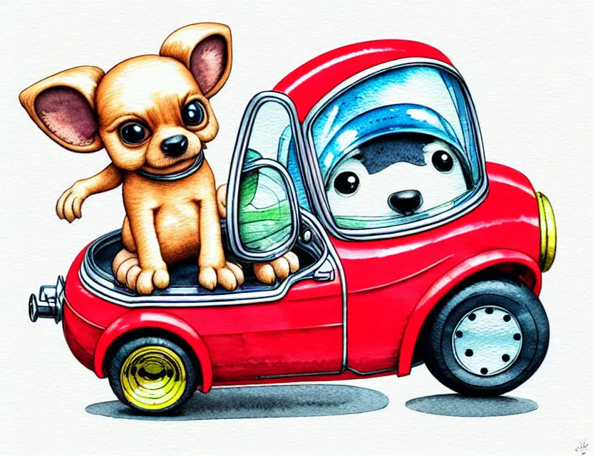 Image similar to cute and funny, puppy wearing a helmet riding in a tiny hot rod with an oversized engine, ratfink style by ed roth, centered award winning watercolor pen illustration, isometric illustration by chihiro iwasaki, edited by range murata, tiny details by artgerm and watercolor girl, symmetrically isometrically centered, sharply focused