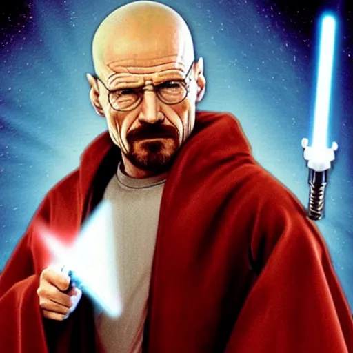 Image similar to realistic photo of walter white as a jedi from star wars, using jedi clothes and with a lightsaber