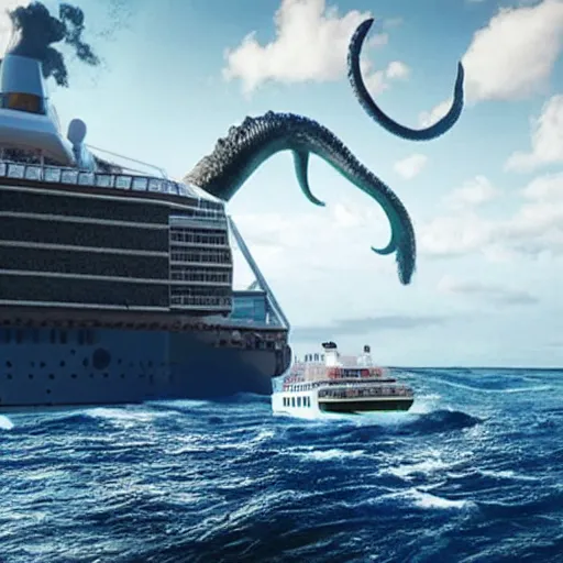 Image similar to The Kraken is destroying a cruise ship in the middle of the ocean,