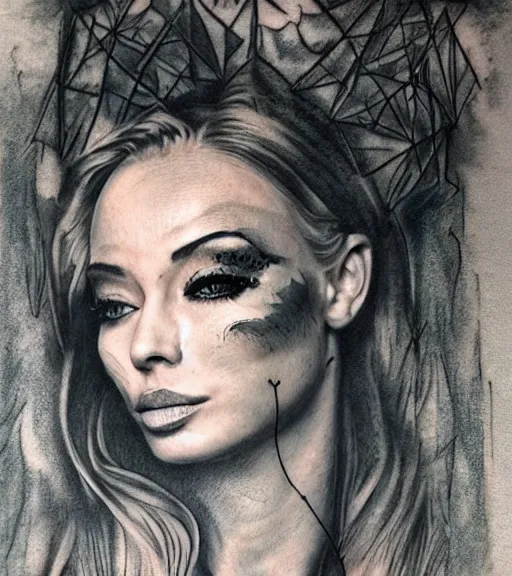 Image similar to realism tattoo sketch of a isabelledeltore face double exposure with nature, in the style of matteo pasqualin, amazing detail, sharp, faded