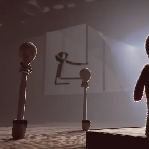 Image similar to shadow of a puppet being held up with strings and the puppeteers hand, depth field, unreal engine, 4k concept art and hyper realism