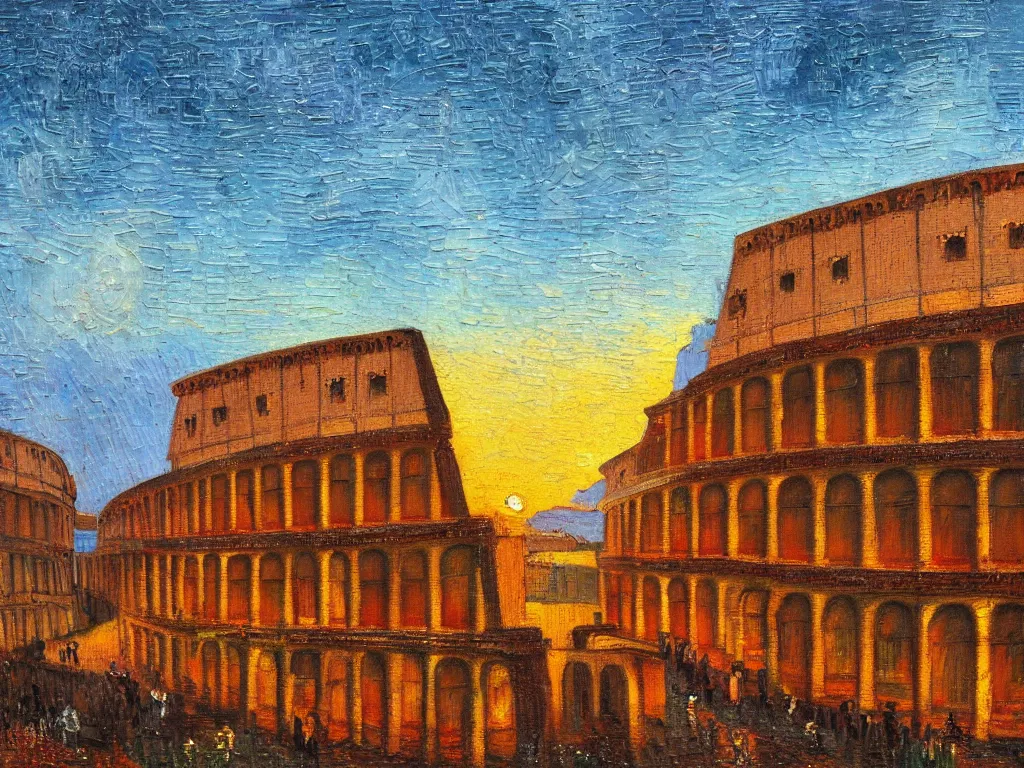 Image similar to trending on artstation, the Colosseum during sunset, oil on canvas, in the style of Vincent van Gogh