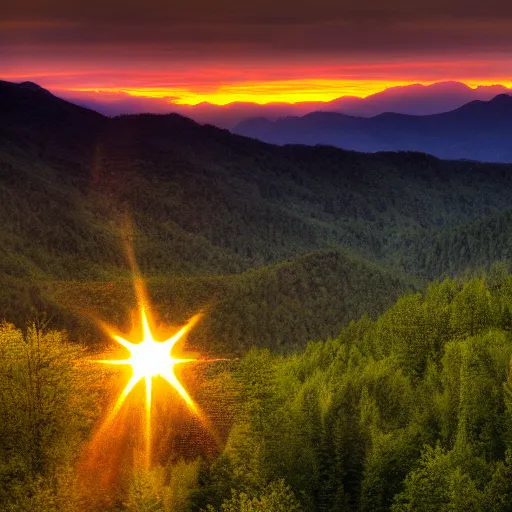 Image similar to mountainous sunset but the sun is a nuke, photograph