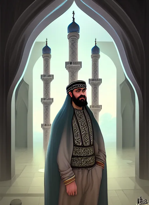 Image similar to portrait epic mosque imam. highly detailed, digital painting, concept art, smooth, sharp focus, illustration, art by creature college