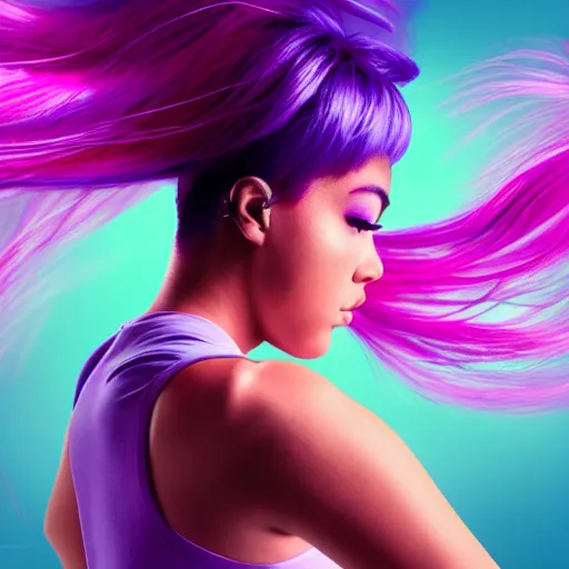 Image similar to a award winning action upper body portrait of a beautiful woman with a ombre purple pink hairstyle with head in motion and hair flying, choker, outrun, vaporware, vivid colors, highly detailed, fine detail, intricate