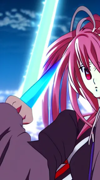 Prompt: Anime Screenshot of a Baiken unsheathing her sword at night, strong blue rimlit, visual-key, Nighttime Moonlit, anime illustration in the style of Gainax