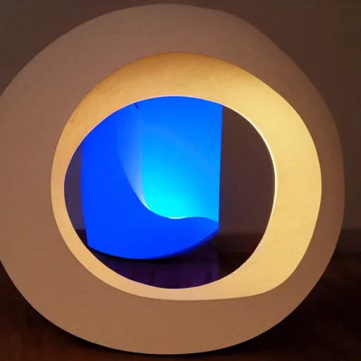 Prompt: circle shaped sculpture, curves, wood, colored lights, portal, sketch
