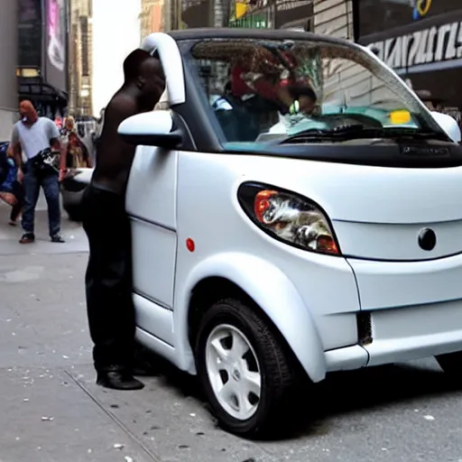 Prompt: amateur photo of shaq getting into a smart car on the streets of new york city
