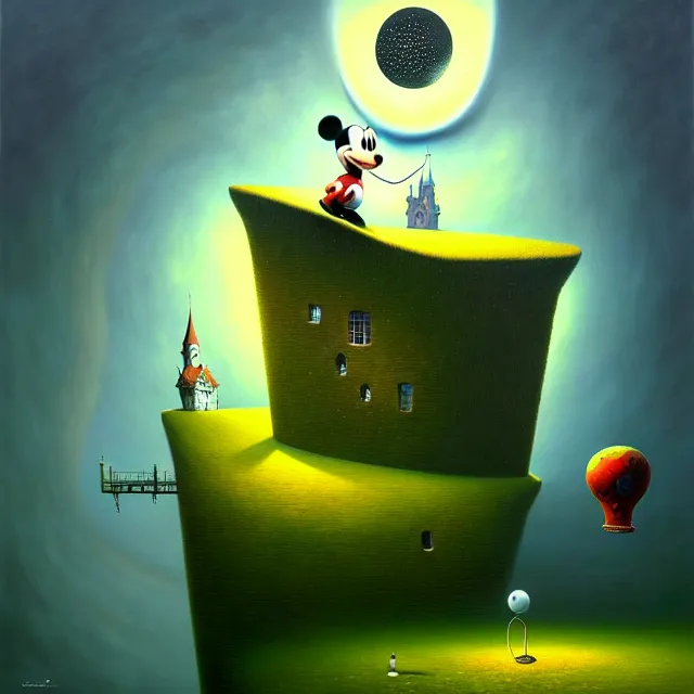 Prompt: gediminas pranckevicius an oil on canvas portrait painting of mickey mouse, surrealism, surrealist, cosmic horror, rob gonsalves, high detail, hole space time warp zica