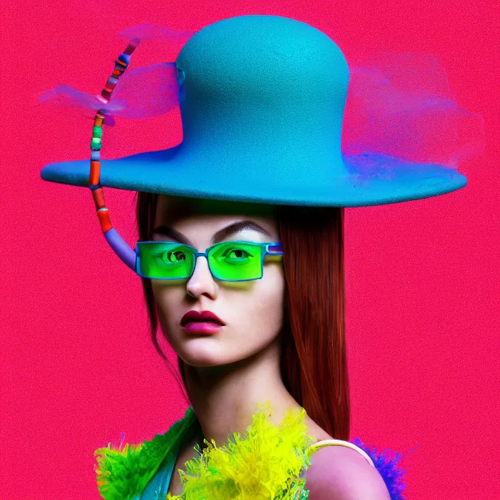 Prompt: portrait of a post modern fashion model with an exuberant biochemical hat, colorful, beautiful face, octane render, vray, detailed, wide angle, halftoned, editorial illustration, matte print, grainy light, ( ( dither ) ), risograph, high contrast, screen print, grainy texture