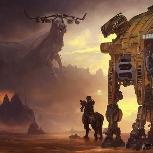 Image similar to epic painting of a realistic four - legged intricate battle robot, rule of thirds, golden ratio, subject in center of frame, trending on artstation, detailed science fiction matte painting by artgerm and greg rutkowski and alphonse mucha,