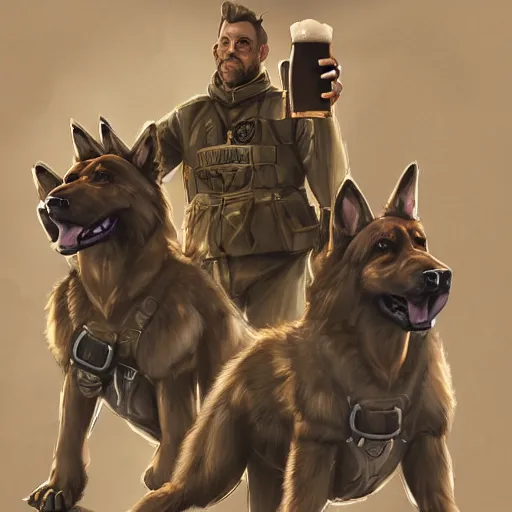 Image similar to two humanoid german shepherds beast - men in military style, they holding a beer, artstation, concept art, smooth, sharp foccus ilustration, artstation