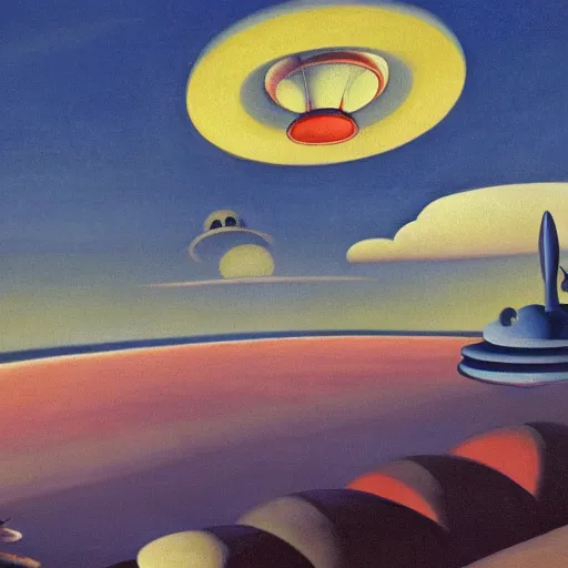 Prompt: painting of mysterious alien saucer hovering over seaside village, 1939, by Thomas Hart Benton