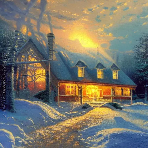 Prompt: nuclear apocalypse at a beautiful house in the woods during winter, mushroom clouds line the horizon, oil painting by Thomas Kinkade, detailed, 4k