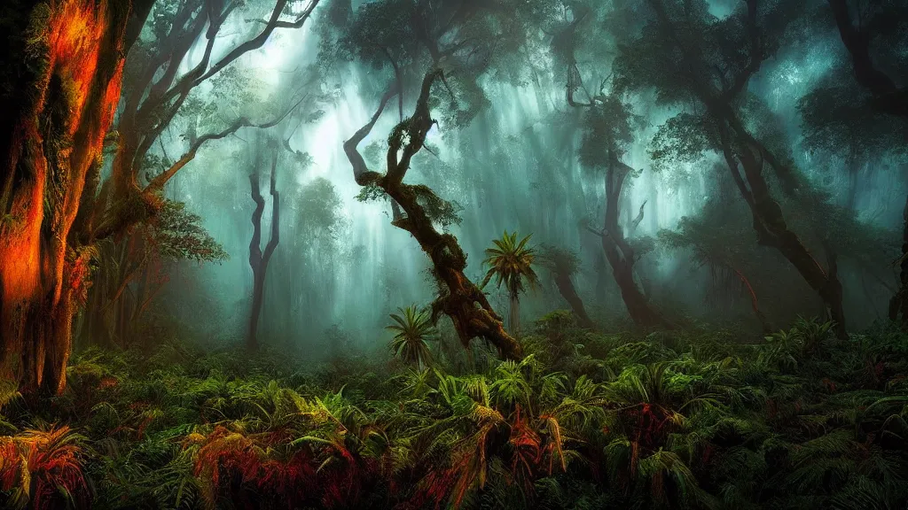 Prompt: amazing landscape photo of a tropical forest by marc adamus, beautiful dramatic lighting