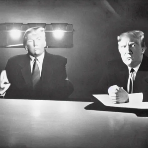 Image similar to a film still from a 1 9 4 0's film noir movie with donald trump sitting at a metal table in an dark interrogation room with a hanging light shining on him, dramatic lighting