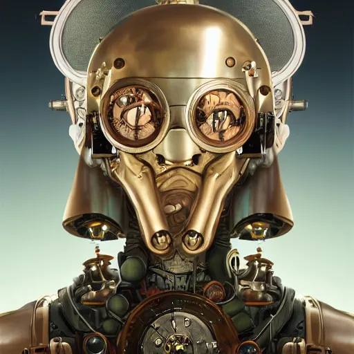 Image similar to portrait of a steampunk robot, highly detailed, professional digital painting, Unreal Engine 5, Photorealism, HD quality, 8k resolution, cinema 4d, 3D, cinematic, professional photography, art by artgerm and greg rutkowski and alphonse mucha and loish and WLOP