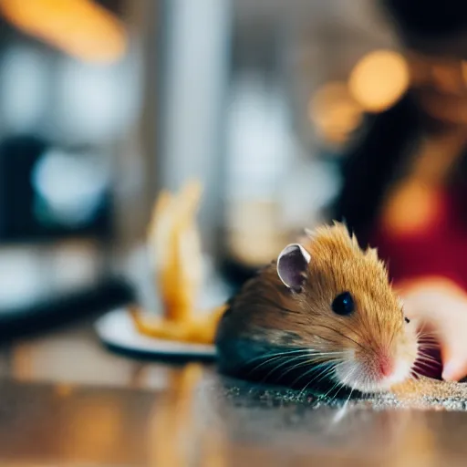 Prompt: detailed photo of a hamster eating fries, fancy restaurant, various poses, full body, unedited, daylight, dof 8 k