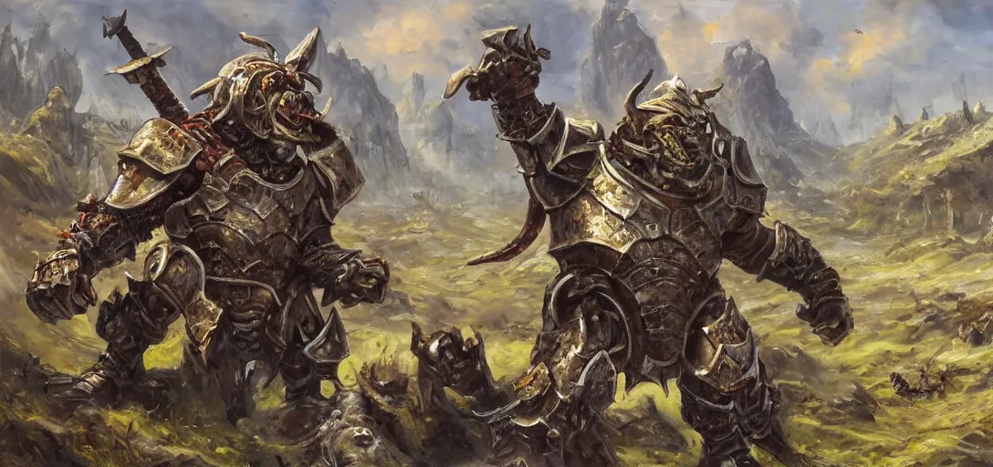 Prompt: oil painting of single giant conquering orc in full sci - fi armor roars as it steps over it's fallen enemy's bodies