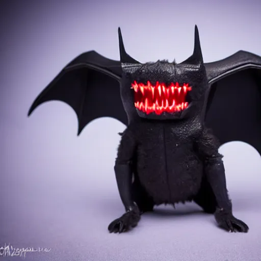 Image similar to detailed full body of scary giant mutant dark blue humanoid pygmy-bat, glowing red eyes, sharp teeth, acid leaking from mouth, realistic, giant, bat ears, bat nose, bat claws, bat wings, furred, covered in soft fur, detailed, 85mm f/1.4