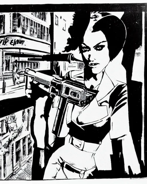 Image similar to punk girl pointing gun, city street, frank miller