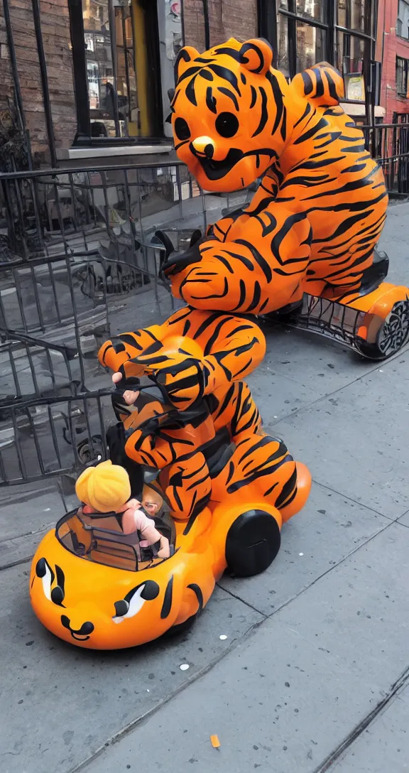 Image similar to a plastic ride kiddie ride that looks like a tiger on the sidewalk in NYC