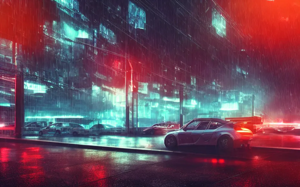 Image similar to Detailed 4k 3d render of a car driving under a relentless rainstorm through a neon-lit futuristic city