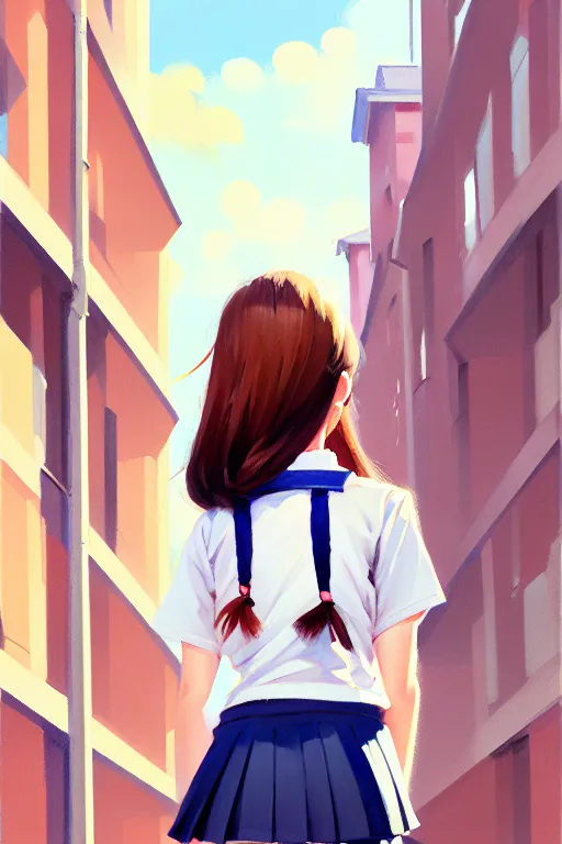 Prompt: gouache of a cute girl wearing school uniform standing in the city which seem small, back view, bird's eye view, 8 k wallpaper, strong brush stroke, very high detailed, sharp focus, illustration, morandi color scheme, art station, by krenz cushart