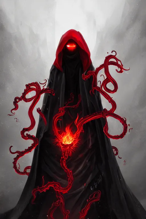 Image similar to A full body portrait of a mysterious character with no face with a very long hooded blood red and black cloak, a flaming crown floating above his head tentacles coming out the ground art by James Paick, and Shaddy Safadi, ominous, cosmic horror, trending on artstation, Ultra detailed, hyper realistic 4k