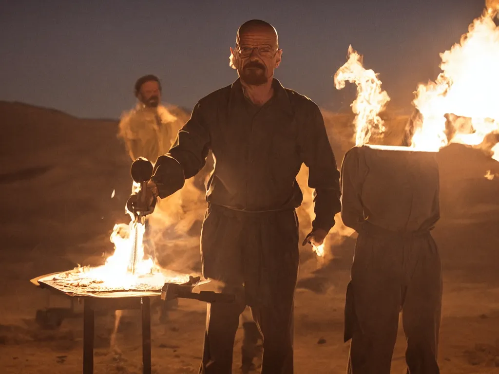 Prompt: walter white making pizza with a blowtorch in the desert, dramatic lighting, still from breaking bad