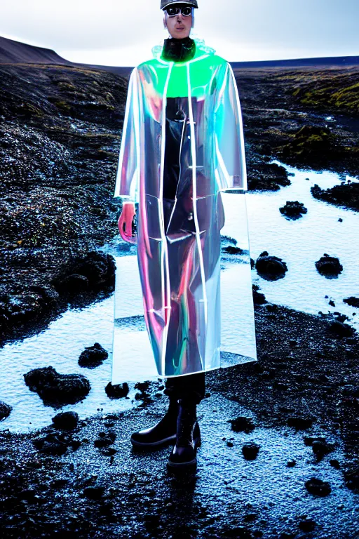 Image similar to an ultra high definition professional high fashion portrait studio full length photograph of a model wearing a transparent pearlescent raincoat and neon visor in an icelandic black rock environment at dawn. no artefacts. extremely detailed. stark. refraction. shallow depth of field. volumetric light and shadow. ray tracing. light rays.