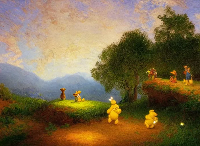 Image similar to romanticism impressionism landscape painting of winnie the pooh characters at night, night time, paper lanterns, string lights, in the style of hudson river school and thomas cole and albert bierstadt and vincent van gogh