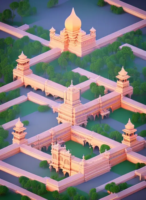 Prompt: a low poly isometric render of mysore palace in the style of monument valley, intricate, elegant, smooth shading, soft lighting, illustration, simple, solid shapes, by magali villeneuve, jeremy lipkin and michael garmash, rob rey and kentaro miura style, octane render