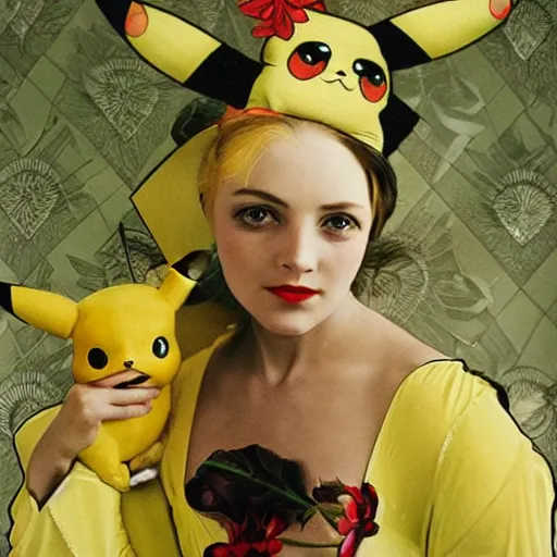 Image similar to elegant woman dressed up as pikachu, art photo by Annie Liebovitz and Alphonse Mucha