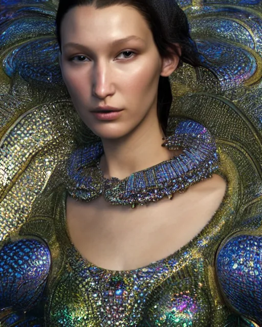 Image similar to a highly detailed metahuman 8 k close up render of bella hadid as surrealism renaissance in iris van herpen dress schiaparelli in diamonds crystals swarovski and jewelry iridescent in style of alphonse mucha gustav klimt trending on artstation made in unreal engine 4