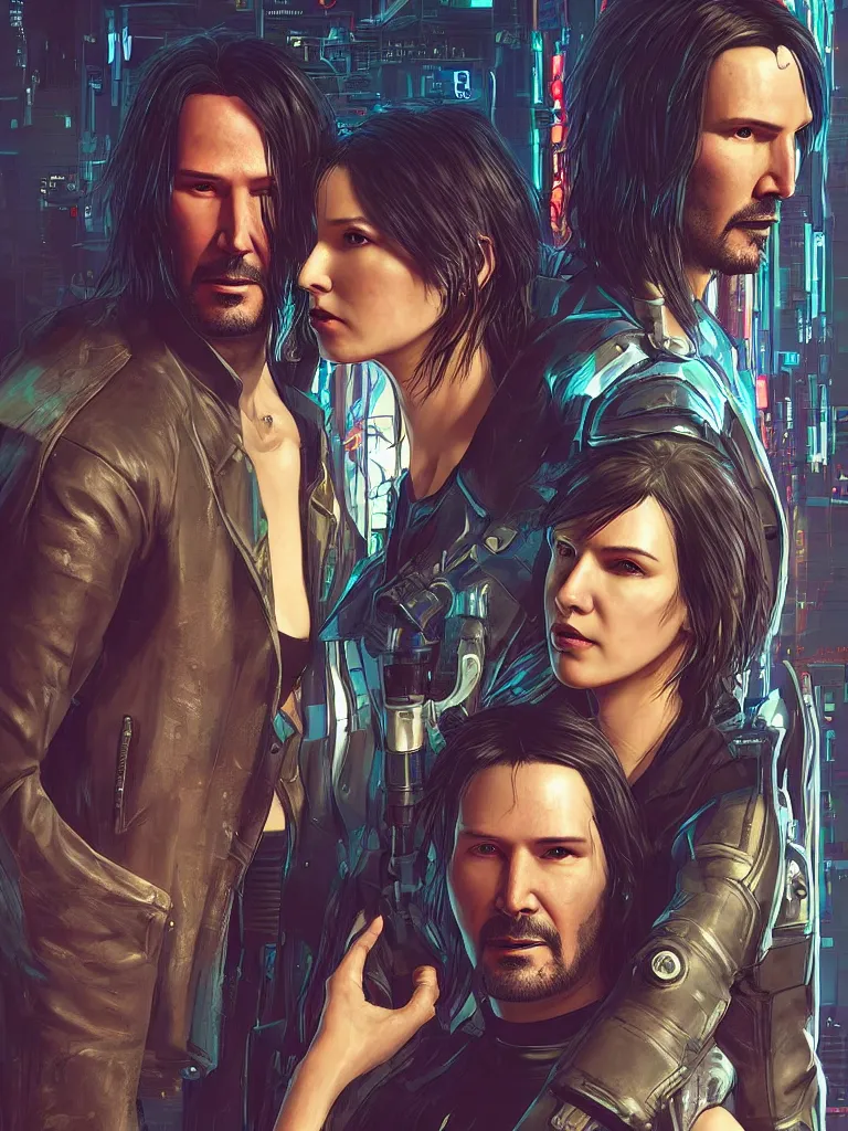 Image similar to a cyberpunk 2077 couple portrait of Keanu Reeves&female android in final kiss,love,film lighting,by Laurie Greasley,Lawrence Alma-Tadema,Dan Mumford,John Wick,Speed,Replicas,artstation,deviantart,FAN ART,full of color,Digital painting,face enhance,highly detailed,8K,octane,golden ratio,cinematic lighting