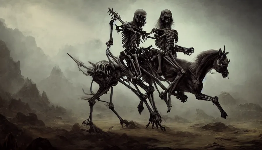 Image similar to A beautiful highly detailed epic painting of the Grim reaper riding a skeletal undead horse by Ulpiano Checa, Trending on artstation HD.