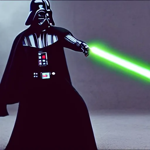 Image similar to Ryan Gosling pierce Darth Vader with a lightsaber , hyper realistic, 4k, 8k, cinematik