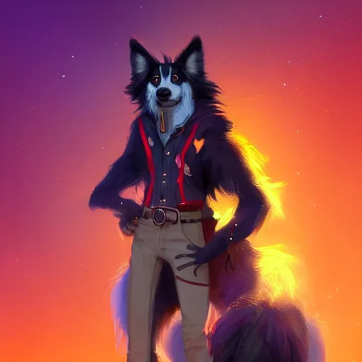 Image similar to wide angle beautiful full body portrait of a cute male anthropomorphic anthro border collie fursona wearing cowboy outfit in a neon metropolis, character design by charlie bowater, henry asencio, and ross tran, furry art, furaffinity, beautiful, glamor pose, detailed, aesthetic, trending on artstation