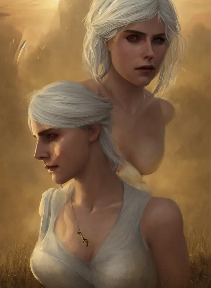 Image similar to a half portrait of ciri from the witcher 3 wearing a white sundress from skyrim, platinum hair, fantasy setting, beautiful face, warm colors, serene lighting, atmospheric, cinematic, moody, in the style of diego koi, gina heyer, luiz escanuela, art by alyssa monk, hyperrealism, rule of thirds, golden ratio, oil on canvas, 8 k