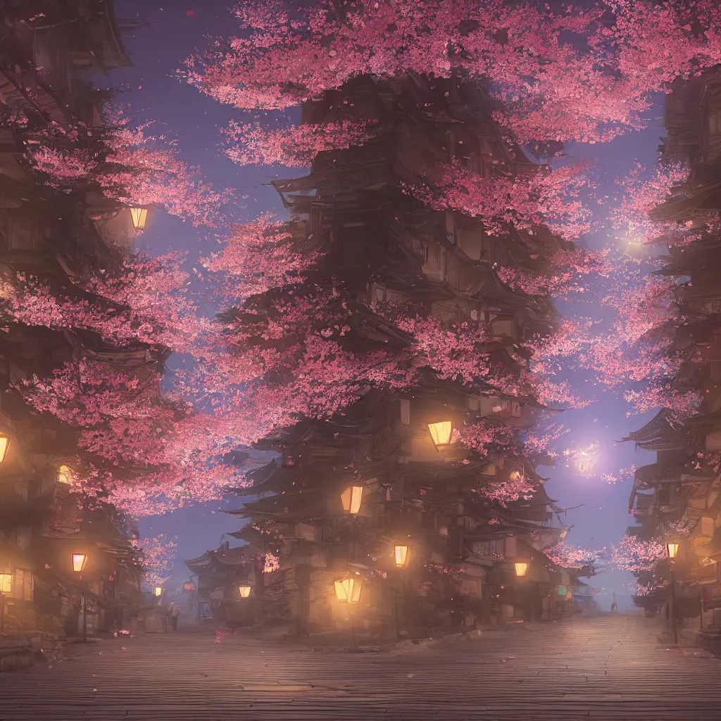 Prompt: Japanese street at night, cherry blossom petals, highly detailed, 3D render, digital art, artstation, 8K photography, matte photo-realistic, vivid colors, moody cool temperature, by Hayao Ghibli Miyazaki, breath of the wild style