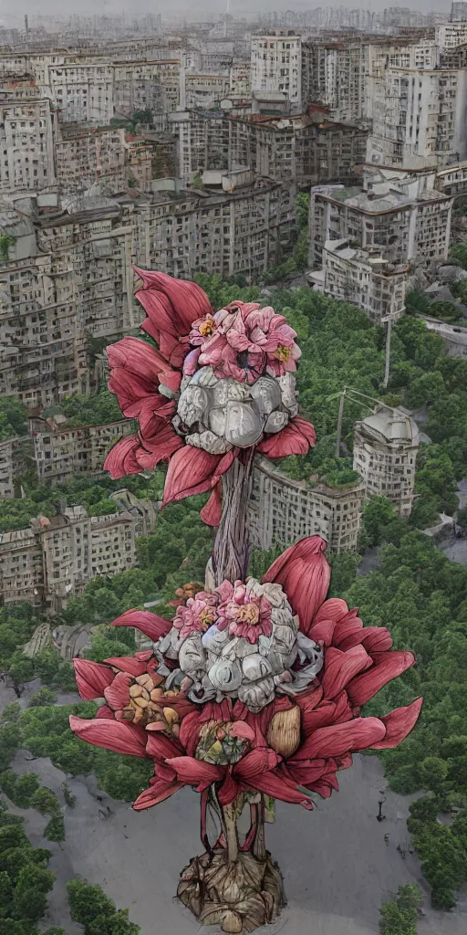 Image similar to giant grotesque flower in the middle of abandoned post soviet constructivist cityscape, Stalinist architecture, ultradetailed by Hayao Miyazaki and Josan Gonzalez and Makoto Shinkai and Giuseppe Arcimboldo and Wes Anderson